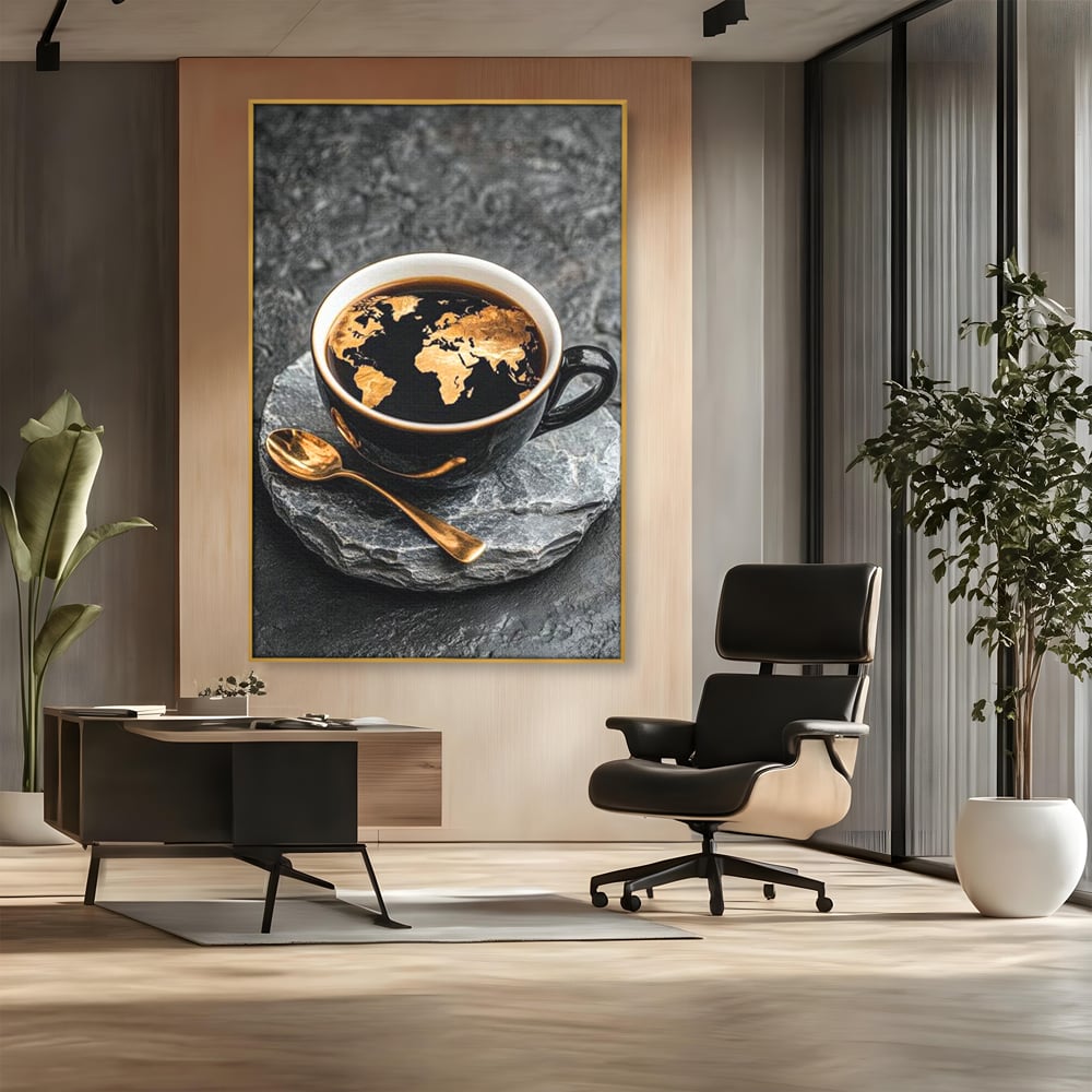 Tablou canvas cu tablou canvas cu ceasca de cafea si harta lumii, in rama de aluminiu auriu, pe perete intr-un birou
